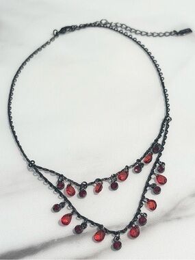 1928 Red Teardrop and Round Faceted Beaded Gunmetal Choker Cocktail Necklace